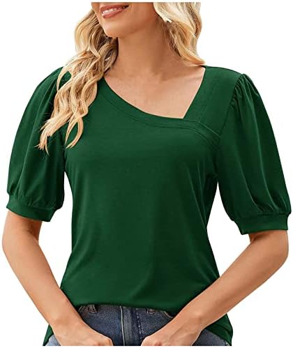 Tops femininos Puff de manga curta Tamva camisetas de verão camisa de pescoço assimétrica Tees de túnica sólida Cavalas casuais casuais