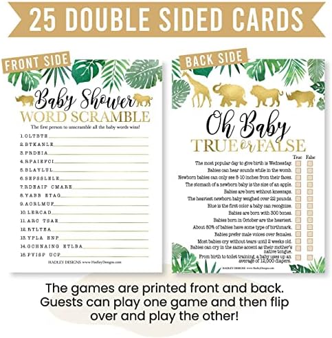 Hadley Designs 25 Safari Word Scramble para chá de bebê, 25 jogos verdadeiros ou falsos, 25 correspondência de animais para bebês, 25 berçário Rima jogo - 4 cartões de dupla face idéias de chá de bebê, suprimentos de festa de chá de bebê