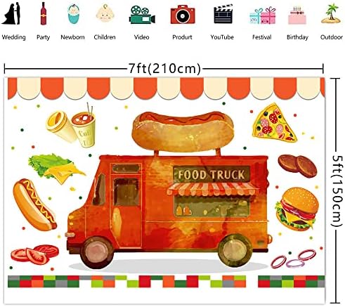 Ticuenicoa 7 × 5ft Caminhão de alimentos pano de fundo da loja de sobremesas hambúrgueres de cachorro -quente capa de cebola