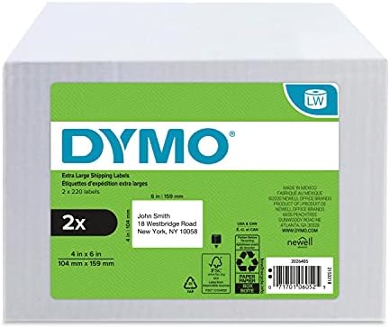 DYMO Authentic LW Extra-Garge Shipping Rótulos para impressoras de etiquetas de gravadoras, branco, 4 '' x 6 '',