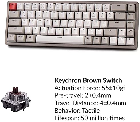 Keychron K6 65% Compact 68-Keys Aluminium Frame Wireless Keyboard para Mac, Bluetooth, MultitAsking, teclado de jogos com fio para Windows sem backlit com chaveiro marrom
