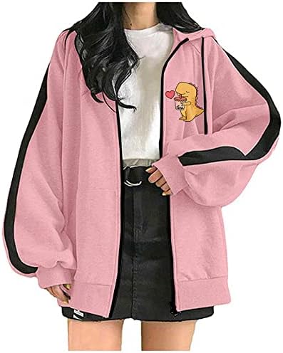 Jaqueta de Hoodie de moda feminina Harajuku Drink fofo Dinosaur Fall Casual Zip Up Tunic Sweethirts Long Hooded