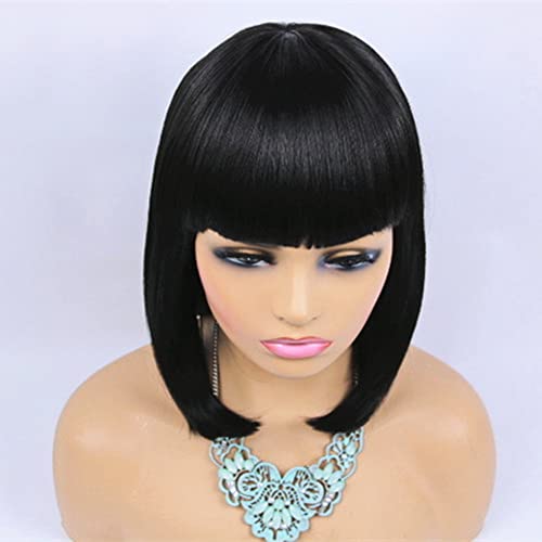 Fabutio Short Bob peruca com franja Black Color Full Machine Feed Scalp Top Wig resistente a calor Cabelos sintéticos