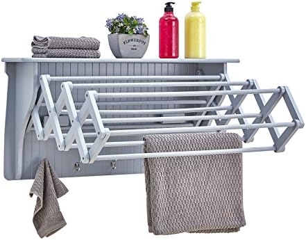 Rack de secagem de roupas de acordeão de Danya B, Rack de toalha retrátil e montado na parede e ganchos para roupas e toalhas para uso em lavanderia ou garagem