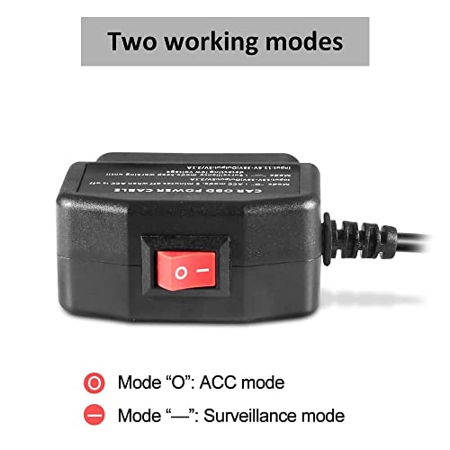 Cabo de alimentação OBD OBD OBD2 para câmera de traço 24 horas de vigilância/modo ACC com botão de interruptor, 3pin OBDII Adaptador Hardwire Cable 12-26V a 5V 2.5a