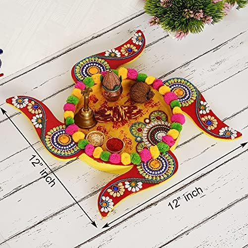 Madeira feita à mão decorativa Sathiya thali forma redonda Pooja thali pintada à mão Mennakari Work Aarti puja Plate for Home
