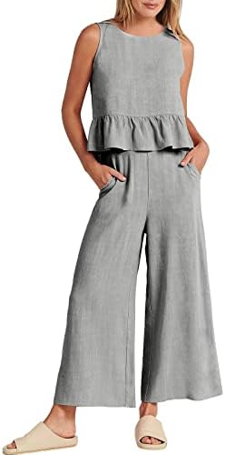 Roupfits de linho de algodão de verão de 2 peças femininas, botão sem mangas, tampas traseiras + calças de perna arregaladas com bolsos