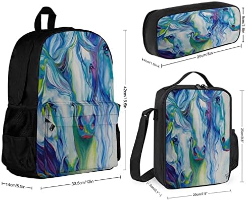 Abstract Watercolor Horse Art Arte fofa de backpack da escola 3pcs College Bookbag com lancheira leve e caixa de lápis para aluno
