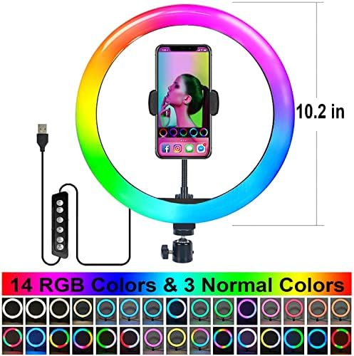10.2 'Selfie Ring Light com suporte de suporte e telefone esticado, Luz LED de mesa Orajar com 14 cores RGB e 3 leves