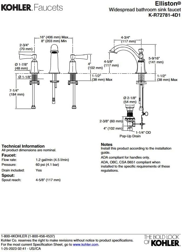 Kohler Elliston R72781-4D1-2BZ 8 Branheiro generalizado Torneira Bronzeado Bronze Robate