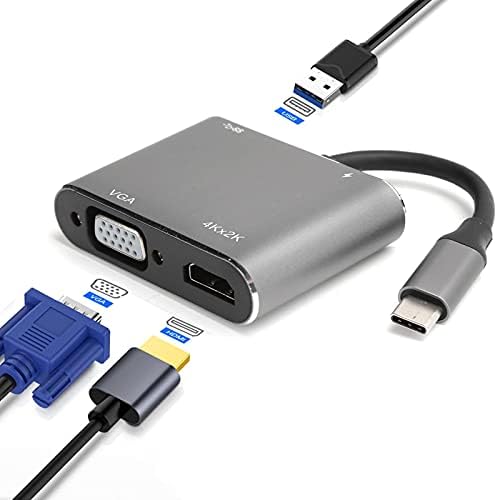 Hub USB C, 4 em 1 C a C VGA USB HDMI Hub Adapter, Placse portátil de 4kx2k 30Hz/60Hz com porta C/VGA/USB/HDMI ， Multiport