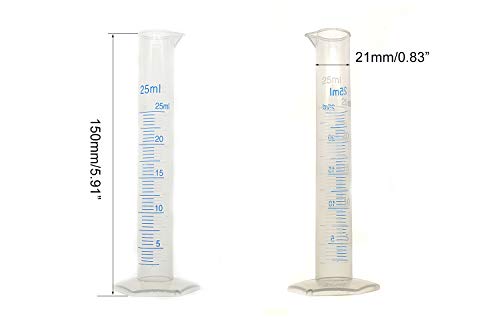 Cilindro graduado em plástico de revenda, cilindro de medição de 25 ml, copos de tubo de teste científica, marcação métrica de 2 lados, base hexadecimal transparente para projetos de ciências Lab Home 12pcs