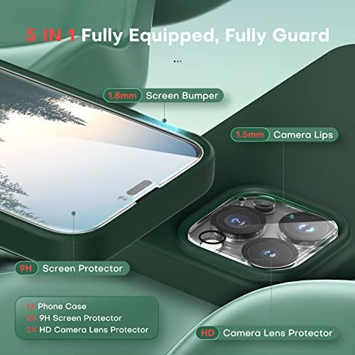TOCOL [5 em 1 projetado para o iPhone 14 Pro Case, com 2 protetor de tela de embalagem + 2 protetor de lente da câmera de embalagem, capa de telefone de silicone líquido 6,1 polegadas, [Anti-Scratch] [Proteção de queda], Alpine Green