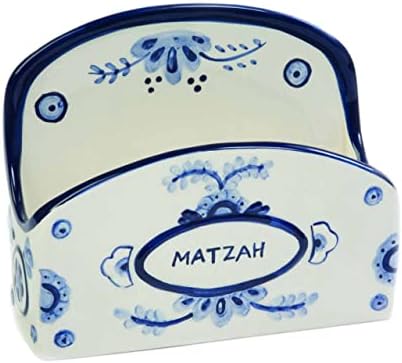 Israel Giftware Presentes de Páscoa feliz para a Páscoa Seder, Matzah Holder para Pesach, jantar de Páscoa, azul e branco Delft Placa Decoração de Cerâmica da Páscoa Judaica 6,5 ​​polegadas x 3,5 polegadas x 7,5 polegadas