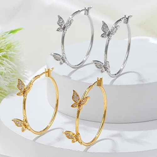 Brincos de argola de borboleta grande e delicada para mulheres meninas de meninas de cristal zircônia cúbica Round Round aros redondos Declaração Brincho de joalheria boho