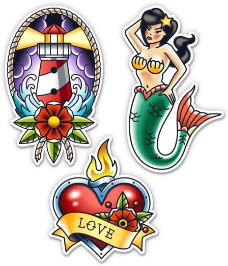 Mermaid Lighthouse Heart Classic Tattoo Style Conjunto de 3 - 10 Cada adesivos de vinil Decalques à prova d'água