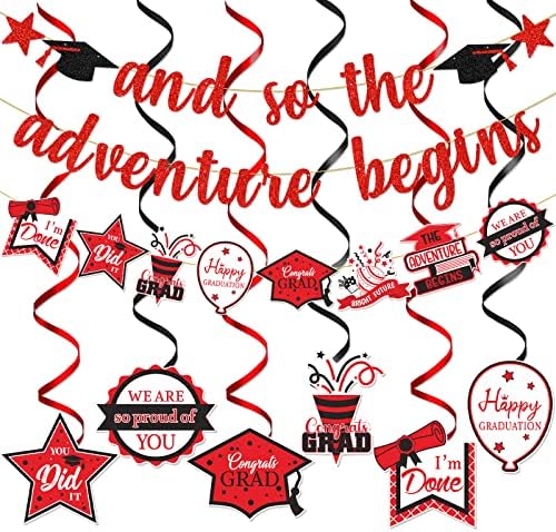 Vermelho e assim a aventura começa a banner Decorações de graduação vermelha e preta 2023 Aventura aguarda a classe de decorações de festa de 2023 decorações de graduação vermelha e branca