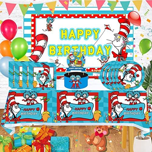 Doutor Seuss Festy Birthday Supplies, Cat in the Hat Taço Tabelware com galhardetes, toalhas de mesa, 20 placas de papel descartáveis ​​7 guardanapos para crianças de festas de festas decorações