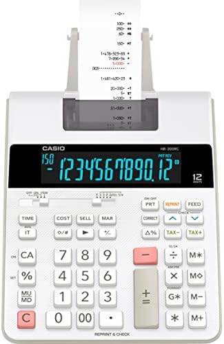 Calculadora de impressão Casio HR-300RC com tela LCD iluminada, branca, mini-desktop