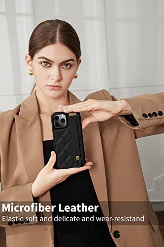 ZVE iPhone 11 Pro Max Kickstand Caixa de couro acolchoado Capa de couro, estojo à prova de choque com barragem para mulheres com capa compatível com o iPhone 11 Pro Max, 6,5 polegadas-preto