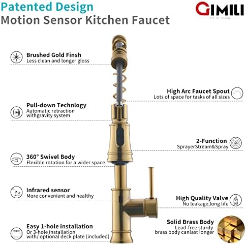 Torneira de cozinha sem toque de ouro Gimili com pulverizador de puxar, sensor de movimento de latão escovado, com uma torneira de mola de orifício único e de poço de manuseio inteligente para pia da cozinha