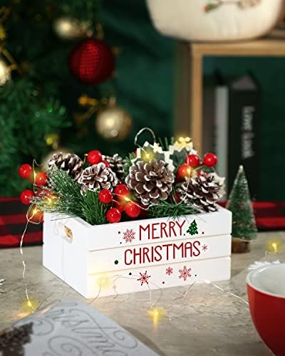 Mesa de Natal Centerpieces com luzes LED 26 PCs Decorações de bandeja em camadas de Natal Arranjos de flores de Natal com pinecones Berrias vermelhas cesta de madeira de inverno com alças decoração de casa de férias