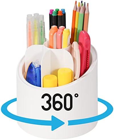 Echsrt Pen Delder, suporte para lápis rotativo de 360 ​​graus com tampa, organizador de caneta para mesa com 7 compartimentos, copo de lápis multifuncional para o escritório em casa branca