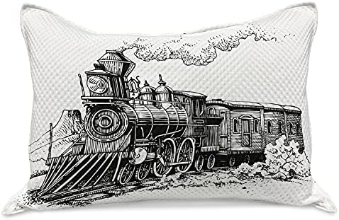 Ambesonne a vapor maconha de malha de colcha de travesseiros, trem velho rústico em locomotiva de madeira de madeira