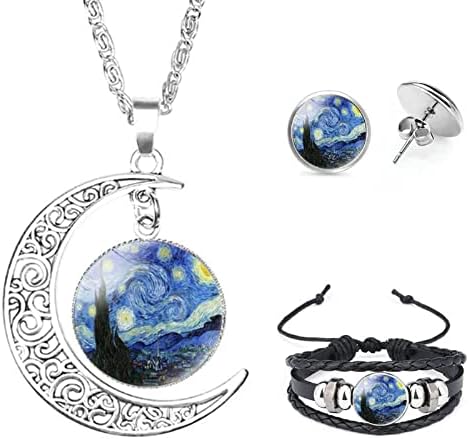 Aquasuki que Starry Night Night Van Gogh Moon Pingente Colar, pulseira personalizada de couro, brincos Jewelry Set Gifts para colega