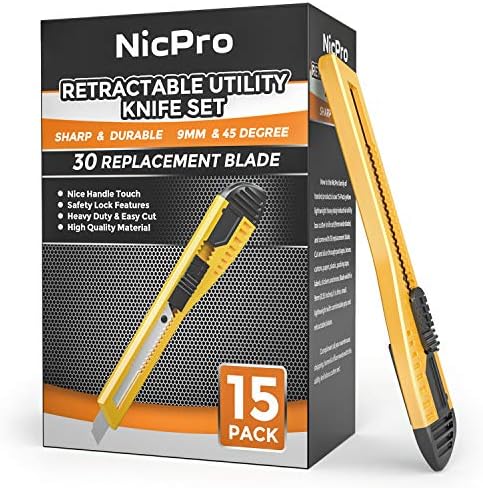 Cutters de caixa de faca de utilidade NICPRO 15 PCs Faca de barbear retrátil 9mm com 30 PCs Snap extra lâminas para