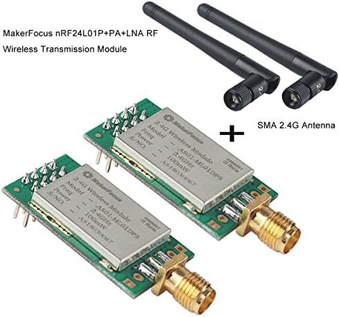 Makerfocus 2pcs NRF24L01P+PA+LNA RF Módulo de transmissão sem fio 2,4 GHz ML01DP5 22DBM 100MW 2300m Distância medida Interface SPI com antena anti-roubo anti-interferência