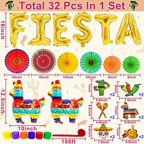 TurnMeon 32 PCs Decorações de festas mexicanas Fiesta de festas com temas de festas lhama Balões de papel fãs de papel crepe
