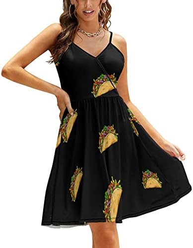 Taco de taco mexicano Conheça o vestido de decote em V feminino, sem mangas com faghetti tira de tanque midi vestidos de tanque de praia