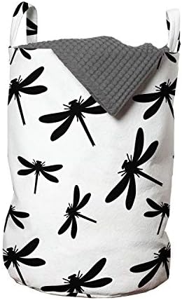 Bolsa de lavanderia de libélula de Ambesonne, silhuetas ousadas e pretas no fundo branco tema abstrato de vida selvagem exótica,