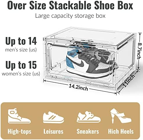 Jonzin Caixa de armazenamento de sapatos de instalação gratuita 4 - Pacote de calçados de plástico transparente de grande capacidade Organizador de sapatos empilhável para armário, para ajustar o tamanho da mensura