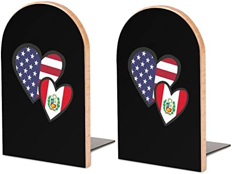 Corações interligadas American Peru Flag Painting Wood BookEnd Decorativo Livro não esquiador End 1 par 7x5 polegadas