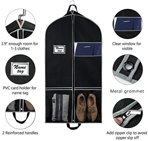 Sacos de traje de vestuário de vestuário Zilink para viajar 43 com bolsos de malha capa de traje de vestuário respirável para armazenamento com suporte de cartão de PVC, preto