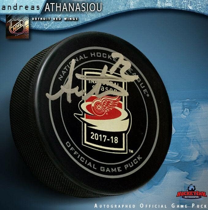 Andreas Athanasiou assinou as asas vermelhas da temporada inaugural LCA Game Official Game Puck - Autografado NHL Pucks