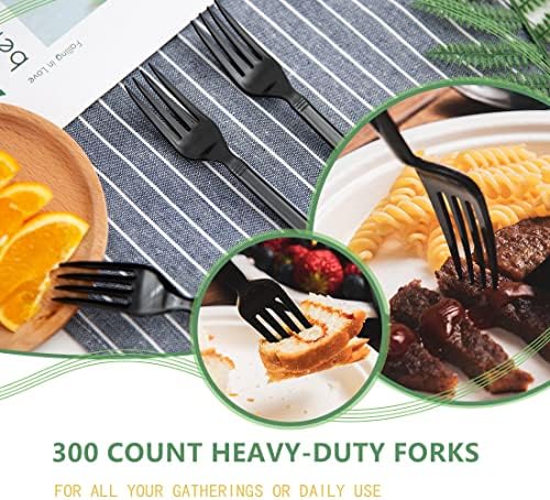 [300 contagem] Garfos de plástico descartáveis- Home Home-Link 7 Forks pesados ​​pretos, garfos de serviço pesado extra duráveis,