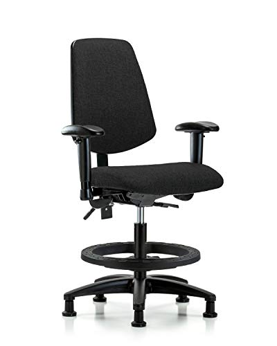 Labtech Seating LT42273 Cadeira de bancada média, tecido, base de nylon de fundo médio - braços, anel preto, desliza, preto