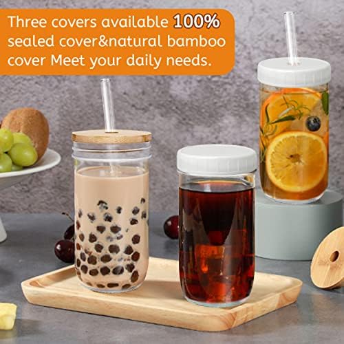 ZMCINER 4 Pack Coffee Cups com tampas e palha, 24 onças de bebida com tampas de bambu, acessórios para café, vidro