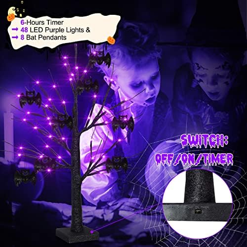 2ft Black Halloween Spooky Tree com 8 morcegos - 48 Luzes de LEDs roxo Bateria operada por bateria Operações de mesa de bétula