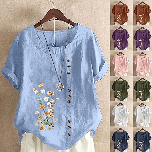 Camisas de linho de algodão plus size mulheres estampas florais de manga curta tops moda moda casual coletas de grandes