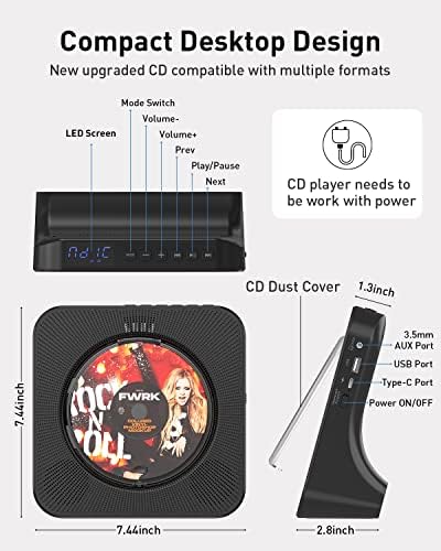 CD Player Qualori portátil com Bluetooth Desktop Music Player Alto-falantes Dual para Boombox Home Audio, USB Flash Player, FM