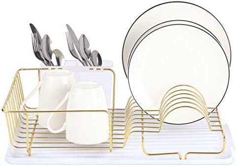 Rack de secagem de pratos Buruis, organizador de esgotador de pratos de ouro inclui placa de drenagem removível e suporte de