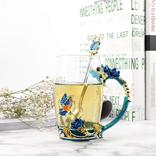 Wobox 330 ml de esmalte de chá de chá de vidro caneca de café artesanal caneca de chá de flor de rosa para dia dos namorados,