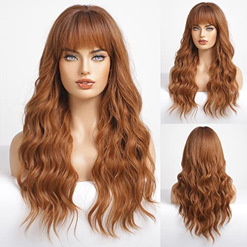 Peruca de cabelo ombre auburn para mulheres longas perucas onduladas com franja perucas sintéticas em camadas de aparência natural e respirável