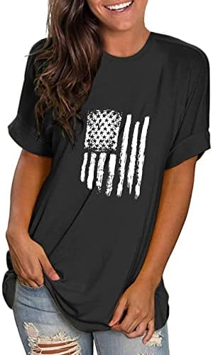 4 de julho Camisas femininas Tirina de bandeira dos EUA Tops casuais de verão Camiseta de manga curta Camiseta