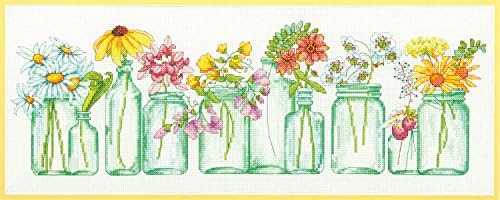 Dimensões Mason Jar Counted Kit Cross Stitch, 14 Conde White Aida, 18 '' x 7 ''.