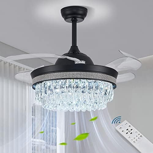 Tabrãos de teto de cristal de Clairdai com luzes e remoto 42 polegadas Dimmable Fandelier Reputável Lâmina retrátil Cristal TETOM FAIS